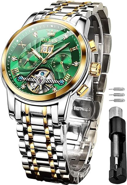 Olevs Automatic Men Watch Green Face Tourbillon Self Winding Mechanics