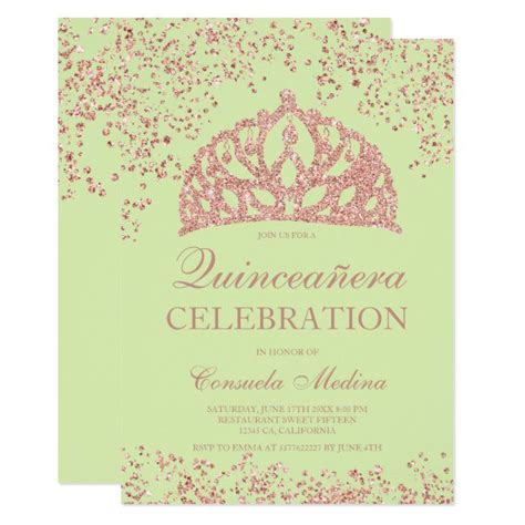 A Green And Pink Princess Birthday Party Card With Glitters On The