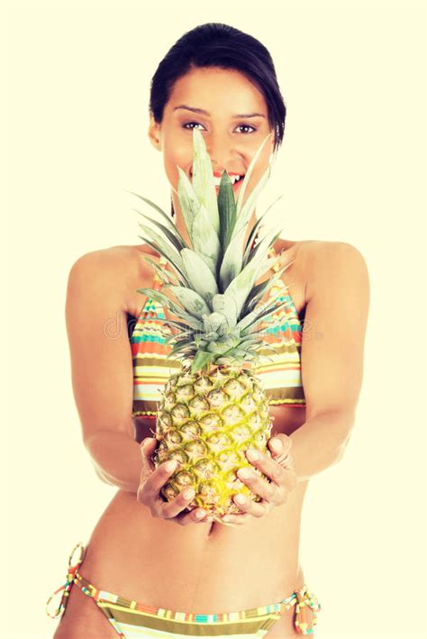 Happy Summer Woman In Bikini With Pineapple Stock Image Image Of