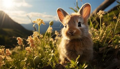 Premium AI Image Fluffy Baby Rabbit Sitting In Green Meadow Enjoying