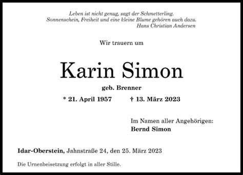 Traueranzeigen Von Karin Simon Rz Trauer De