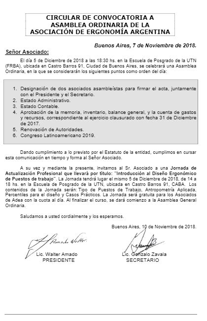 Circular De Convocatoria A Asamblea Ordinaria De La Asociaci N De