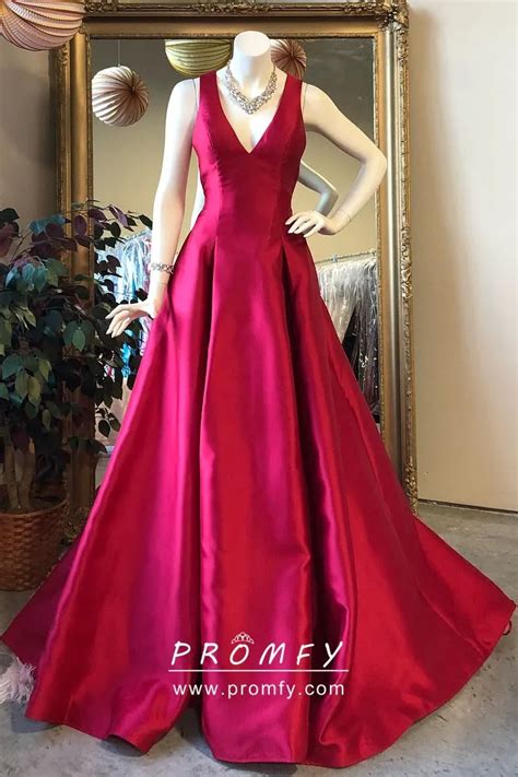 Shiny Ruby Red Satin V Neck Floor Length A Line Long Prom Dress