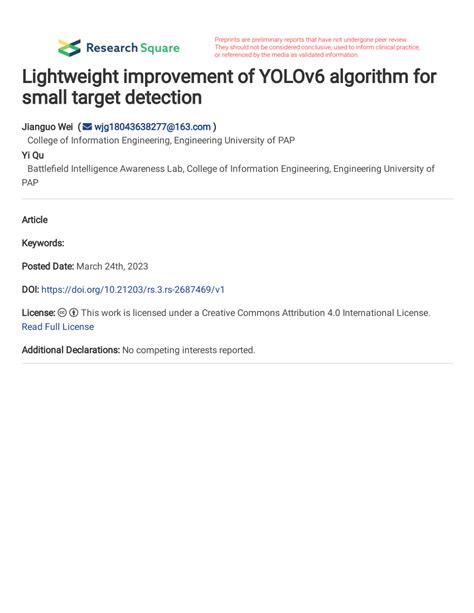 PDF Lightweight Improvement Of YOLOv6 Algorithm For Small Target