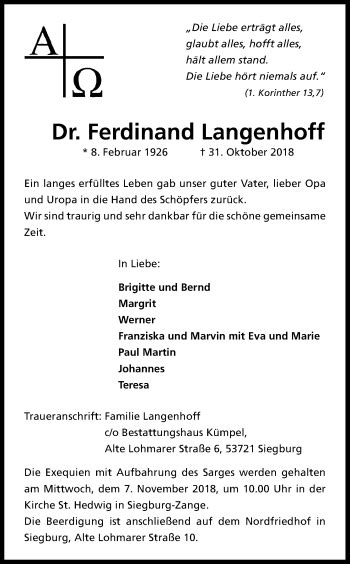 Traueranzeigen Von Ferdinand Langenhoff Wirtrauern