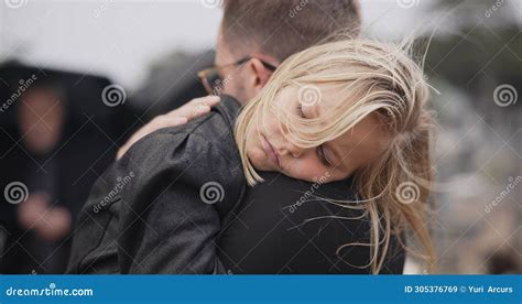 Sad, Death and a Daughter with Her Father at a Funeral for Grief or Mourning Loss Together ...