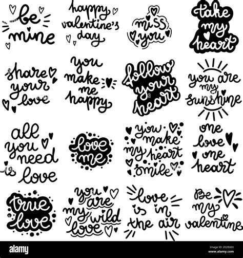 Set Of Lettering About Love Valentines Day Black And White Vector