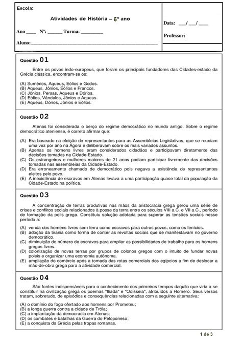 HistÓria 6° Ano Atividades AvaliaÇÕes Provas Testes ExercÍcios Para