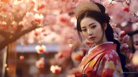 Generativo ai chica asiática kimono tradicional y jardín de cerezos