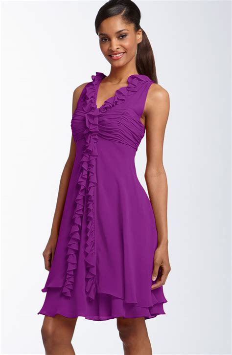 Purple Sheath Column V Neck Knee Length Zipper Flounced Chiffon