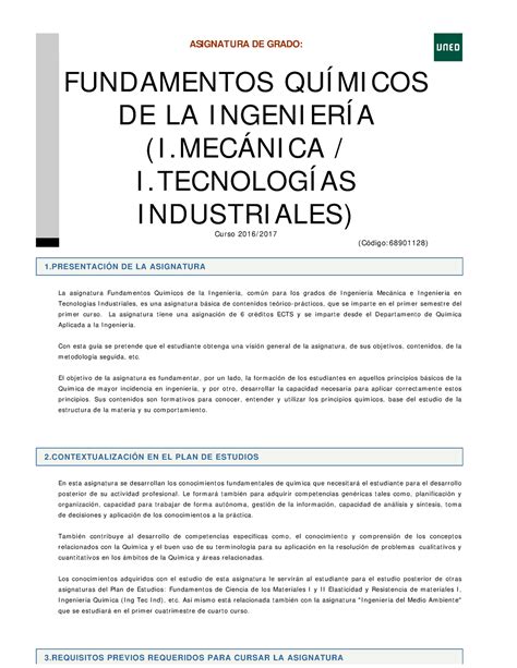 Fundamentos Qu Micos De La Ingenier A N De La Asignatura N En El