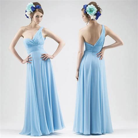 New 2016 Simple One Shoulder A Line Floor Length Chiffon Light Blue