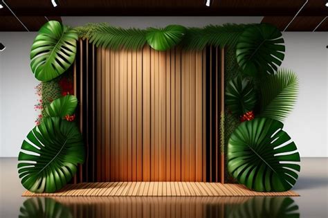 Premium Ai Image A Stage With A Tropical Leaves And A Wooden Frame