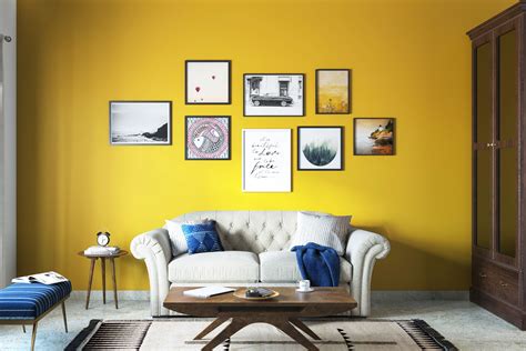 Yellow Minimal Living Room Wall Paint Design | Livspace