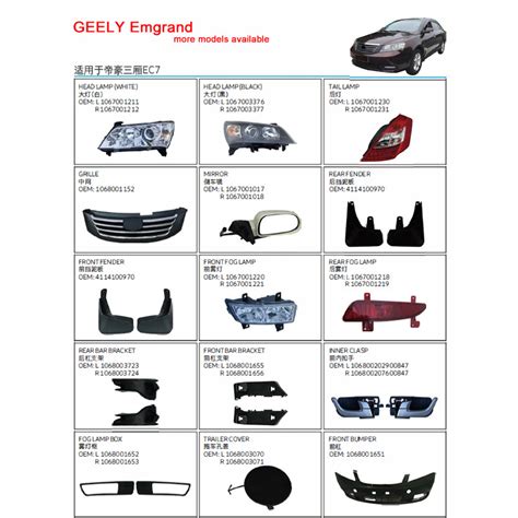 Geely Body Parts Of Bumpers Grilles Lamps Lights Side Mirros