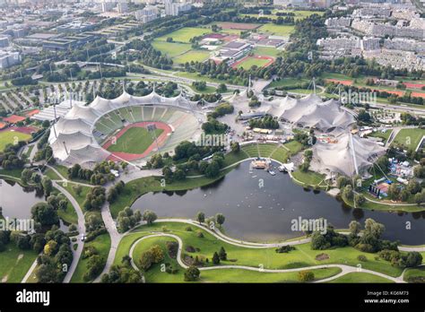 aerial view of Olympic stadium and Park (Olympiapark München), Munich ...