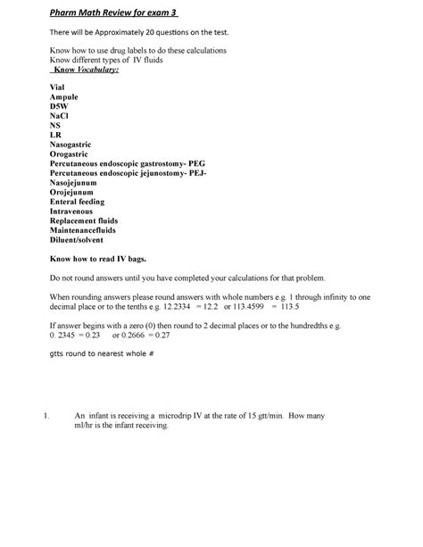 Pharm Review Test Ch Pharm Math Review For Exam There Will