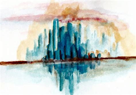 Emerald City Watercolor Abstract Cityscape By Sharonhartdesigns