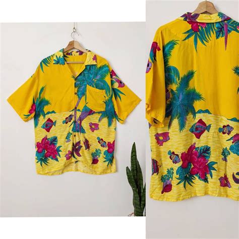 Vintage Hawaiian Shirt Short Sleeve Palm Tree Graphic Tropical Yellow