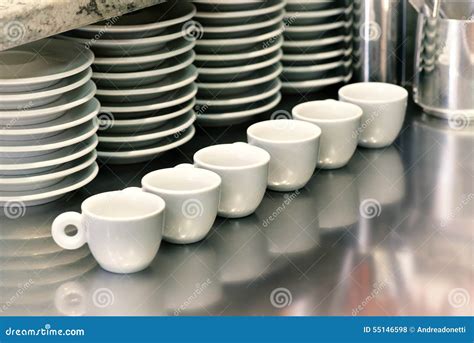 Small Coffee Cups On A Metal Cafeteria Counter Stock Photo Image Of