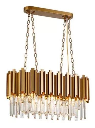 Lustre Pendente Retangular Estrutura Dourada Cristais Cor Dourado Fosco