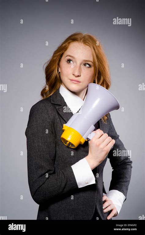 Woman With Loudspeaker In Studio Stock Photo Alamy