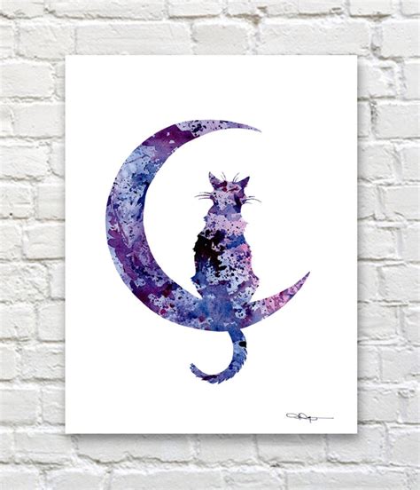 Black Cat Moon Art Print Abstract Watercolor Painting Wall - Etsy