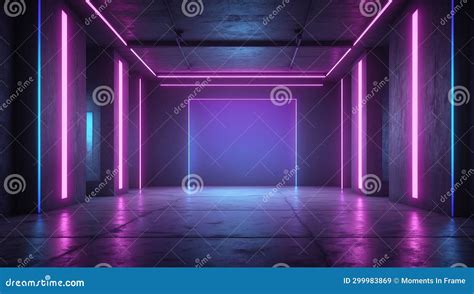 D Render Neon Abstract Background Illuminated Empty Room Stock