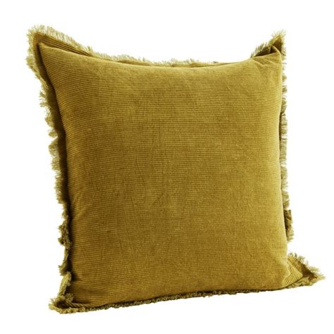 Madam Stoltz Housse De Coussin Velours Cotele Jaune Moutarde Franges