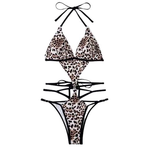 One Piece Sexy Leopard Print Swimsuits Drawstring Slim Neck Hanging Bikini Leopord S Wholesale