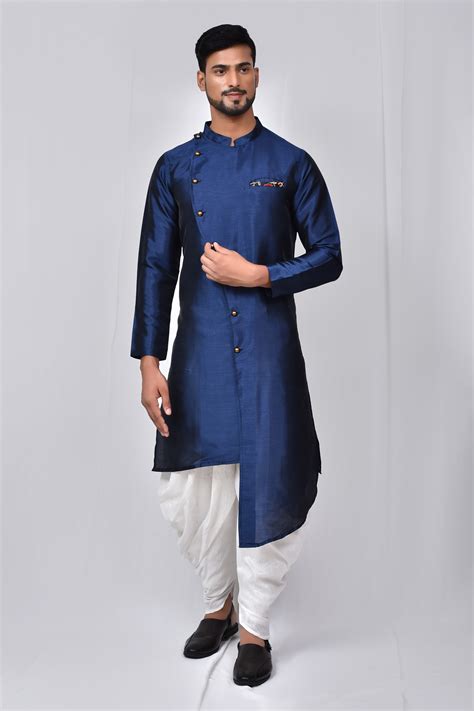 Buy Blue Art Silk Solid Mandarin Collar Kurta Set For Men By Adara Khan