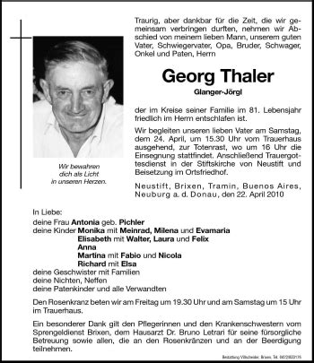 Traueranzeigen Von Georg Thaler Trauer Bz