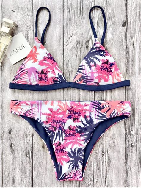 [25 Off] 2021 Leaf Print Plunge Cami Bikini Set In White Zaful