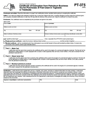 Fillable Online Form PT 375 Certificate Of Exemption From Petroleum