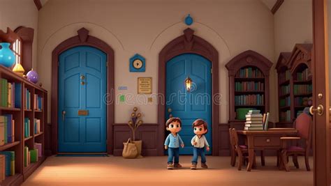 Children Stumbling upon a Mysterious Door Behind a Bookshelf in a ...