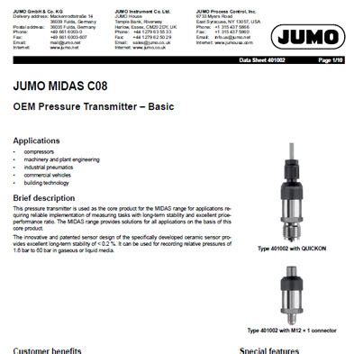 Sensor de pressão MIDAS C08 Jumo