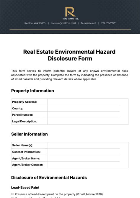 Free Real Estate Environmental Hazard Disclosure Form Template to Edit