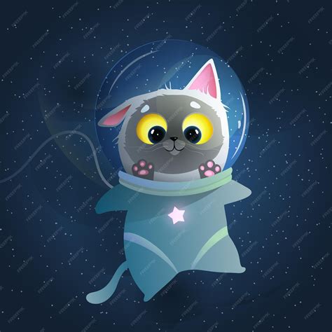 Space cat in watercolor style on blue cosmos and stars background funny
