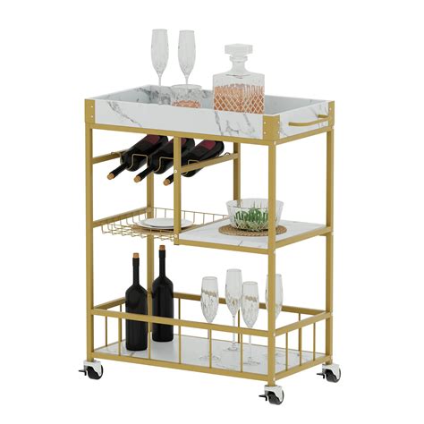 Aboxoo Bar Cart 3 Tiers Removable Storage Tray With Wine Rack And Basket Tier Rolling Beverage