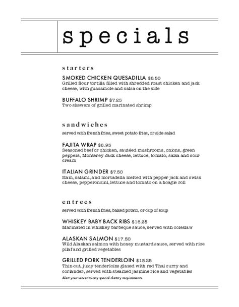 Restaurant Daily Special Menu Daily Special Menus