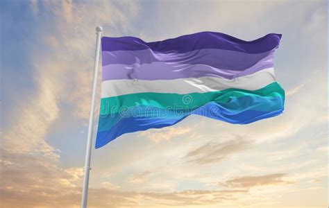 Xe Fae Lesbian Pride Flag Waving In The Wind At Cloudy Sky Freedom And