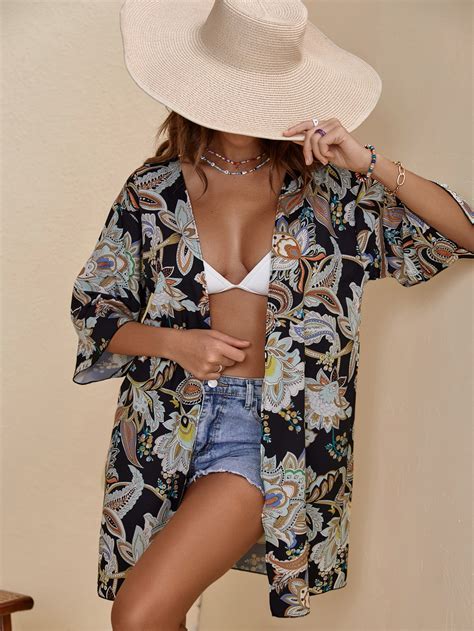 Shein Swim Bohofeel Floral Print Drop Shoulder Kimono Shein Usa