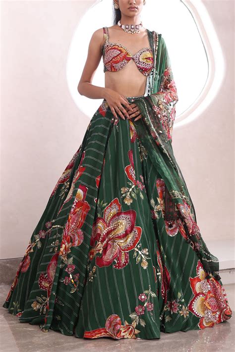 Buy Green Floral Print Lehenga Set By Mahima Mahajan At Aashni And Co