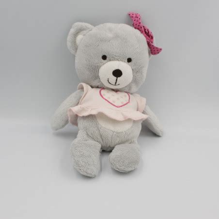 Doudou Ours Gris Blanc Robe Rose Orchestra