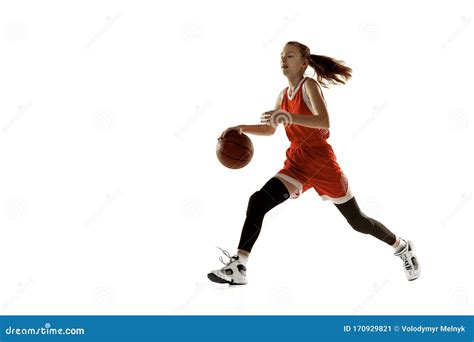 Young Caucasian Female Basketball Player Against White Studio ...