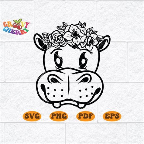 Baby Hippo With Flower Crown SVG File Floral Hippo Svg Hippo Cut File