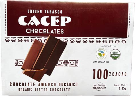 CACEP Barra 1kg Chocolate Orgánico amargo 100 cacao Mexicano Sin