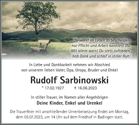 Traueranzeigen Von Rudolf Sarbinowski M Rkische Onlinezeitung