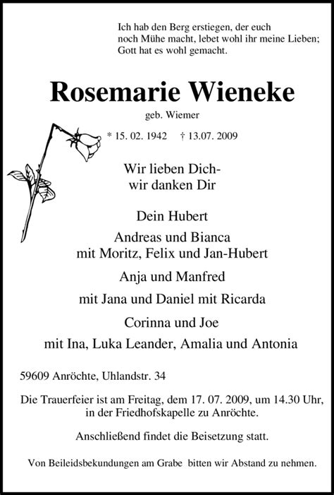 Traueranzeigen Von Rosemarie Wieneke Trauer In Nrw De