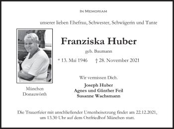 Traueranzeigen Von Franziska Huber Trauer Merkur De